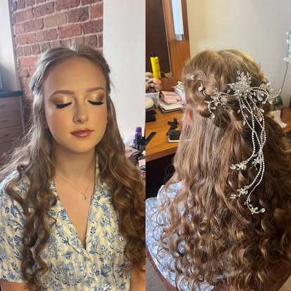 Front and back view of curled half-up hairstyle with accessory